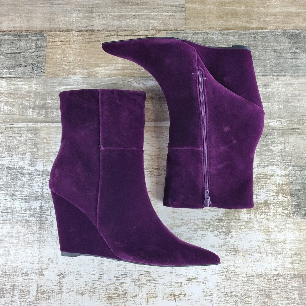 The Drop Gina Dark Purple Velvet Wedge Booties Womens Sz 10 Mid Shaft Boot